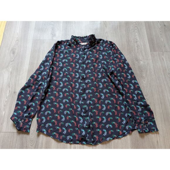 Loft Petite Womens Peacock Print Button-Up Blouse With Ruffle Collar & Cuffs LP - Picture 5 of 8